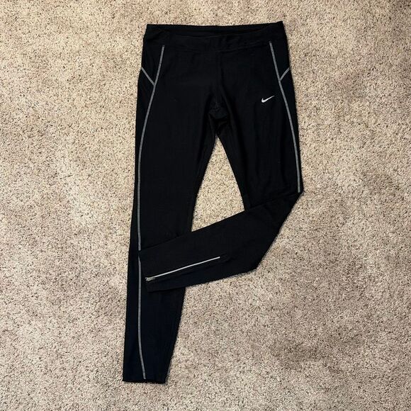 Nike Dri-fit Running Black Leggings Tights Ankle Zip Large - Picture 1 of 7